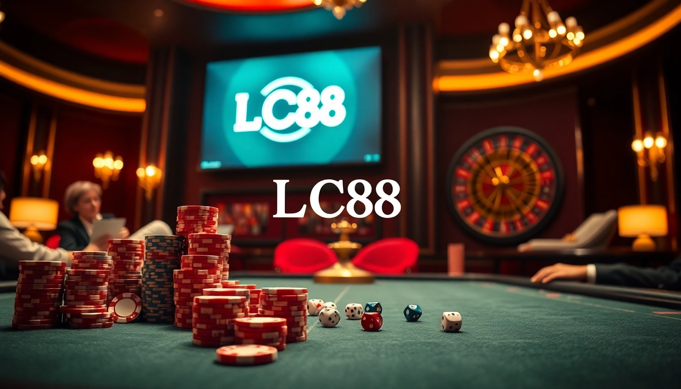 Experience the thrill of gambling at LC88 with a luxurious casino scene featuring poker chips and roulette.