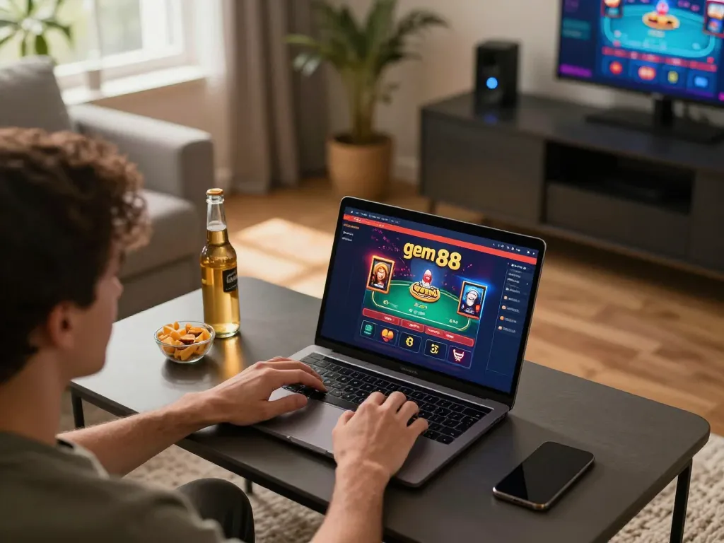 Engaging in online gaming at home with the gem 88 casino interface, showcasing poker strategy and snacks.
