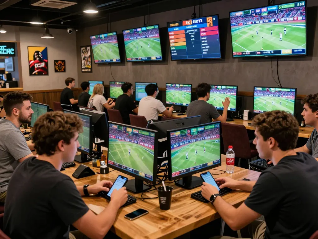 Patrons excitedly place bets using mobile devices at FUN79 sports betting café, showcasing live games and vibrant atmosphere.