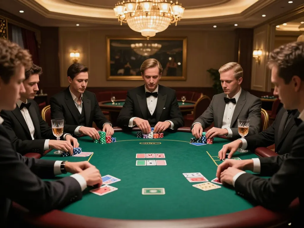 Players engaged in strategic poker gameplay at a VIP table in upscale casino, showcasing UU888 excitement and luxury.