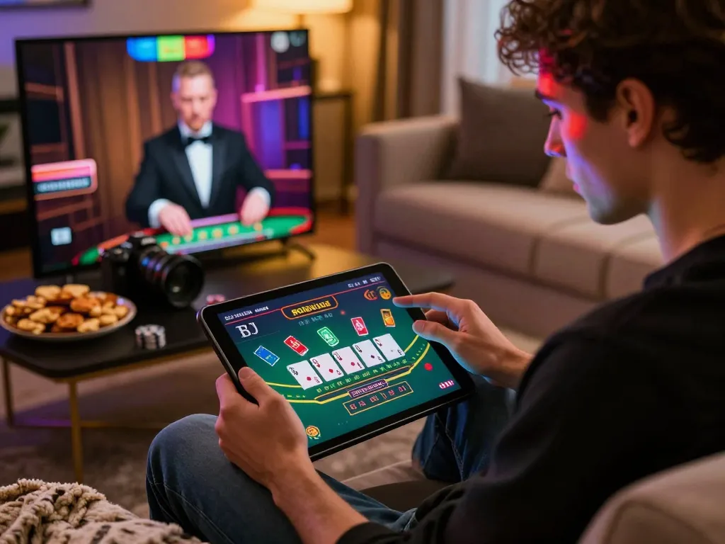Player engaging in blackjack on NK88 platform in a cozy home setting