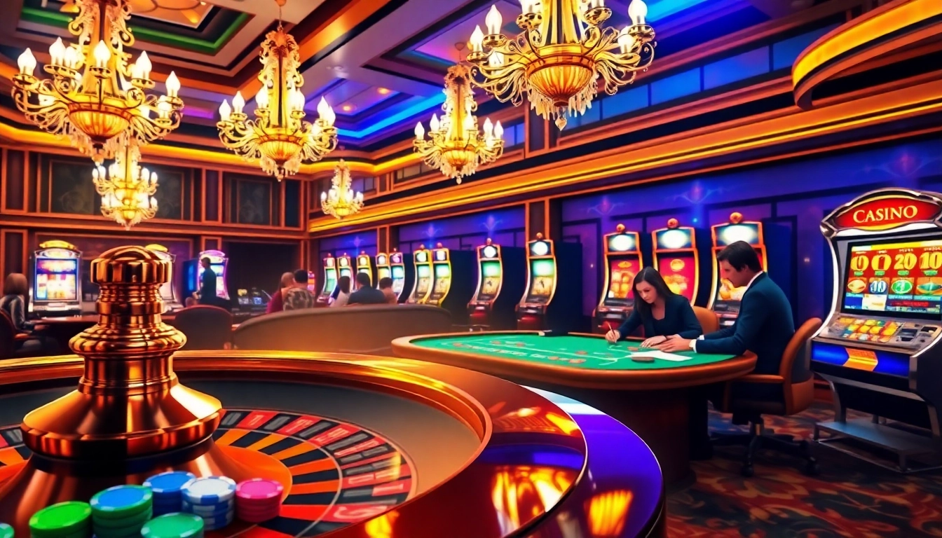 Experience the excitement of gambling at https://we88top.io/ with a luxurious casino scene featuring roulette, poker, and slot machines.
