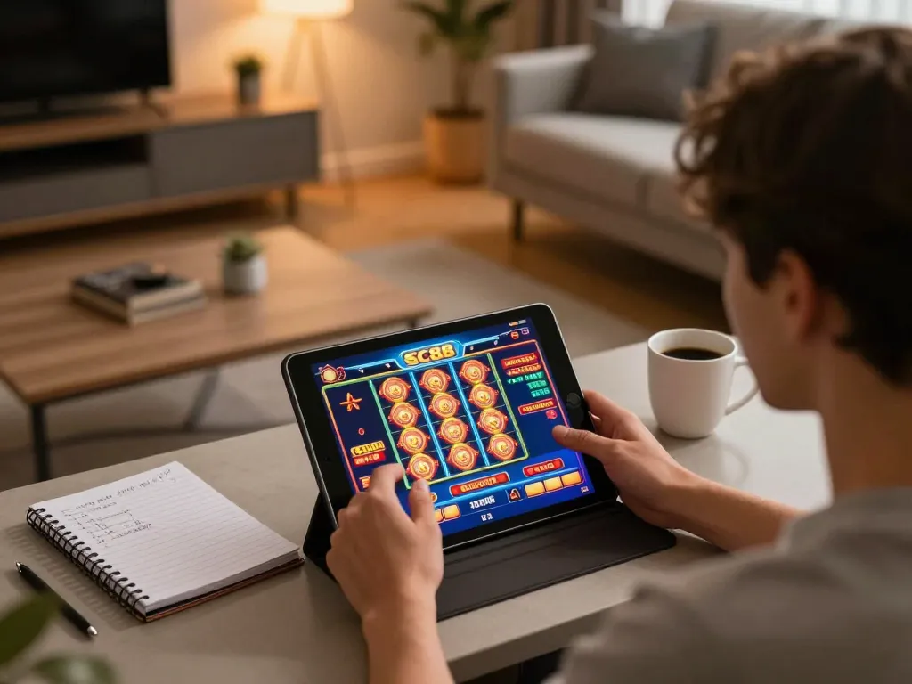Player enjoying SC88 online casino games on a tablet in a cozy living room.