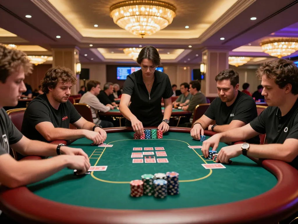 Players focusing intently on their poker hands at 23win casino tournament, showcasing competitive spirit and strategy.