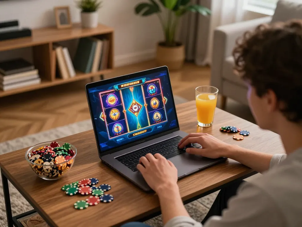 C168 players spinning online slots at home with vibrant graphics and cozy ambiance.