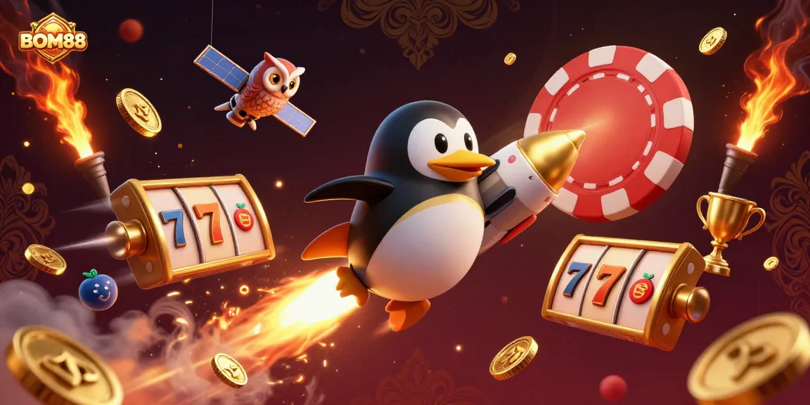 Experience the excitement of BOM88 with a dynamic illustration featuring a rocket-powered golden penguin and casino elements.