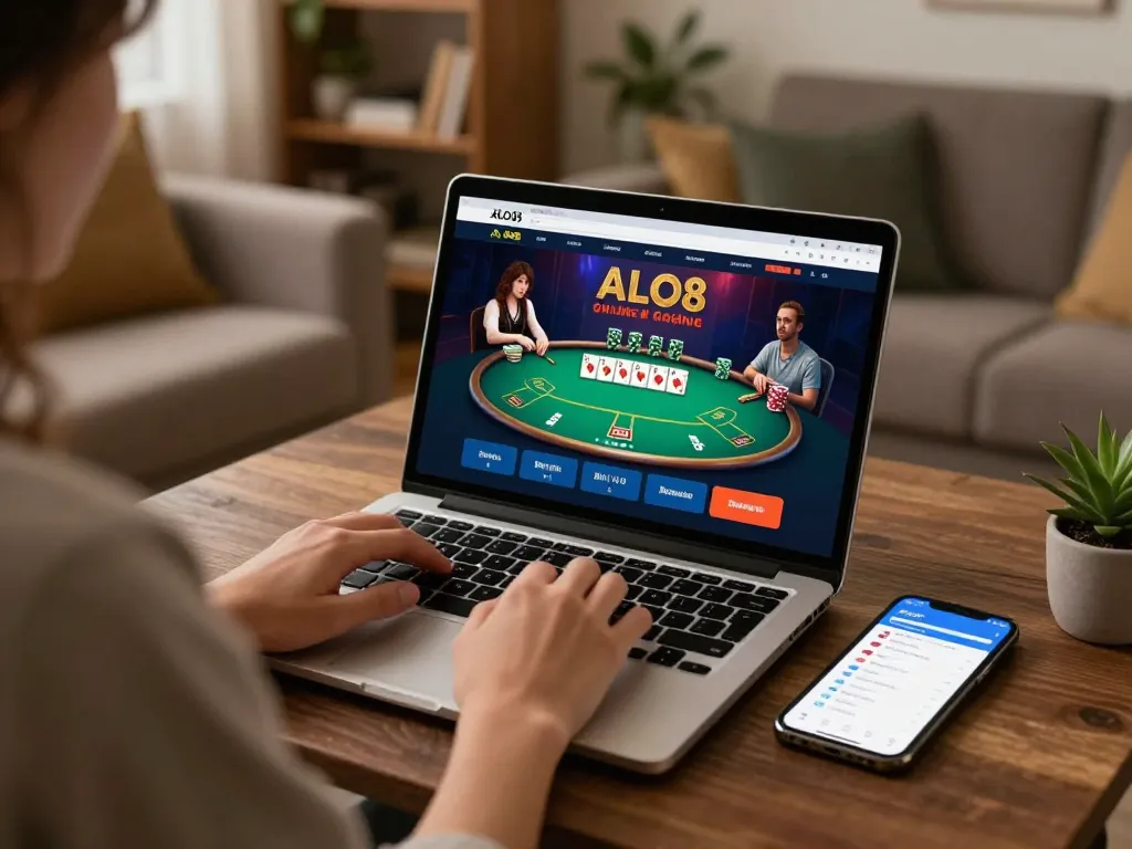 Player engaging in ALO8 online casino gaming on a laptop in a cozy home environment.