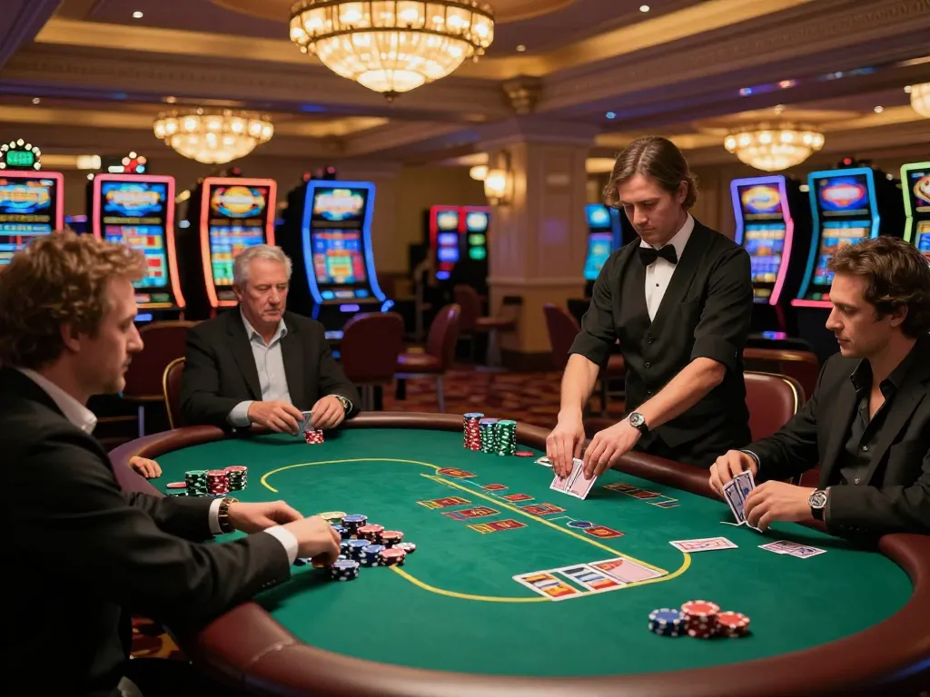 TOPBET players enjoy high-stakes poker, highlighting strategic gameplay in a luxurious casino.