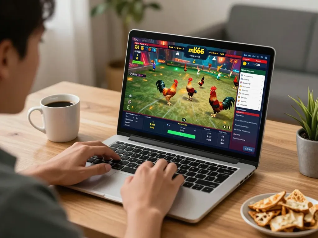 Engaging với online đá gà mb66 betting session on a laptop in a cozy home office, showcasing dynamic betting options.
