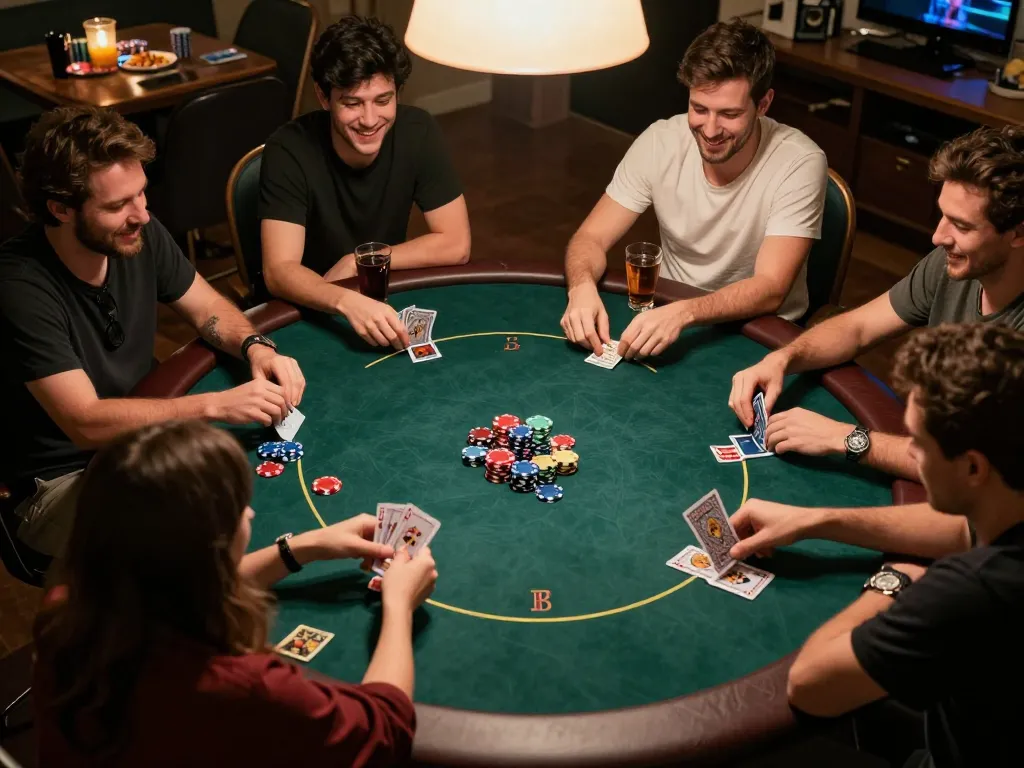 Exciting home poker game night at trang chủ cf68 with players engaging in Texas Hold'em