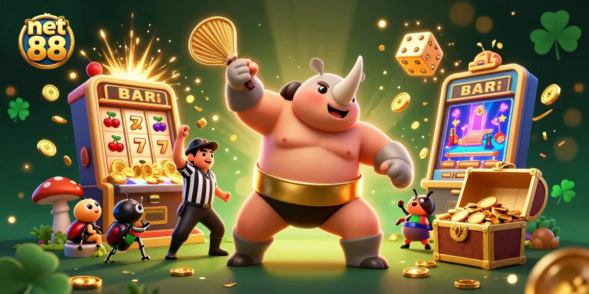 Experience thrilling action with net 88 as a rhinoceros beetle champion stomps and scatters coins in a vibrant casino.