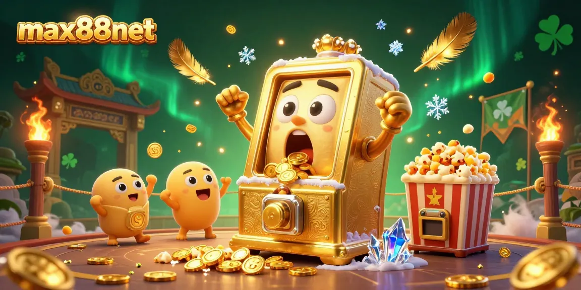 Max88net's golden slot machine celebrates a jackpot amidst cheering baby slots, rich in casino elements.
