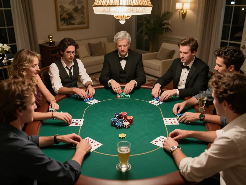 Players enjoying a high-stakes poker night at home, capturing the strategic excitement of fabet gambling.
