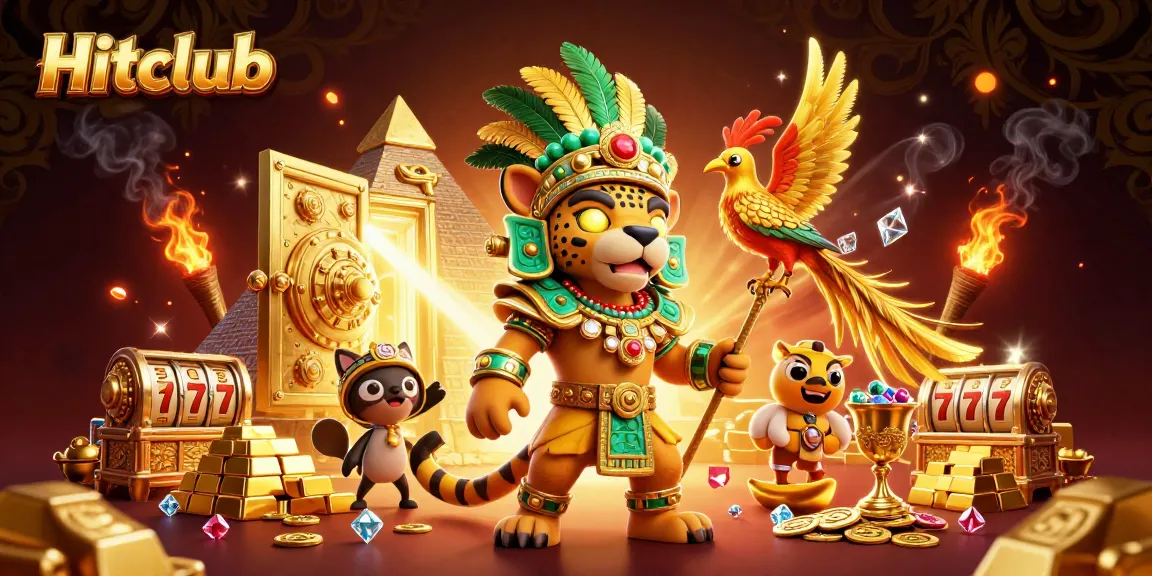 Spin and win at Hitclub with vibrant slot reels and luxurious treasures in this casino scene.