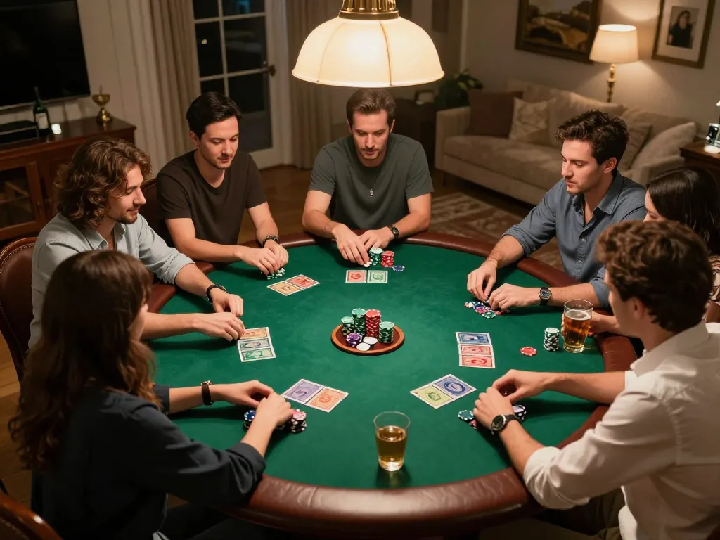 Nyonya9 players engaged in a strategic poker game night at home, showcasing camaraderie and excitement.