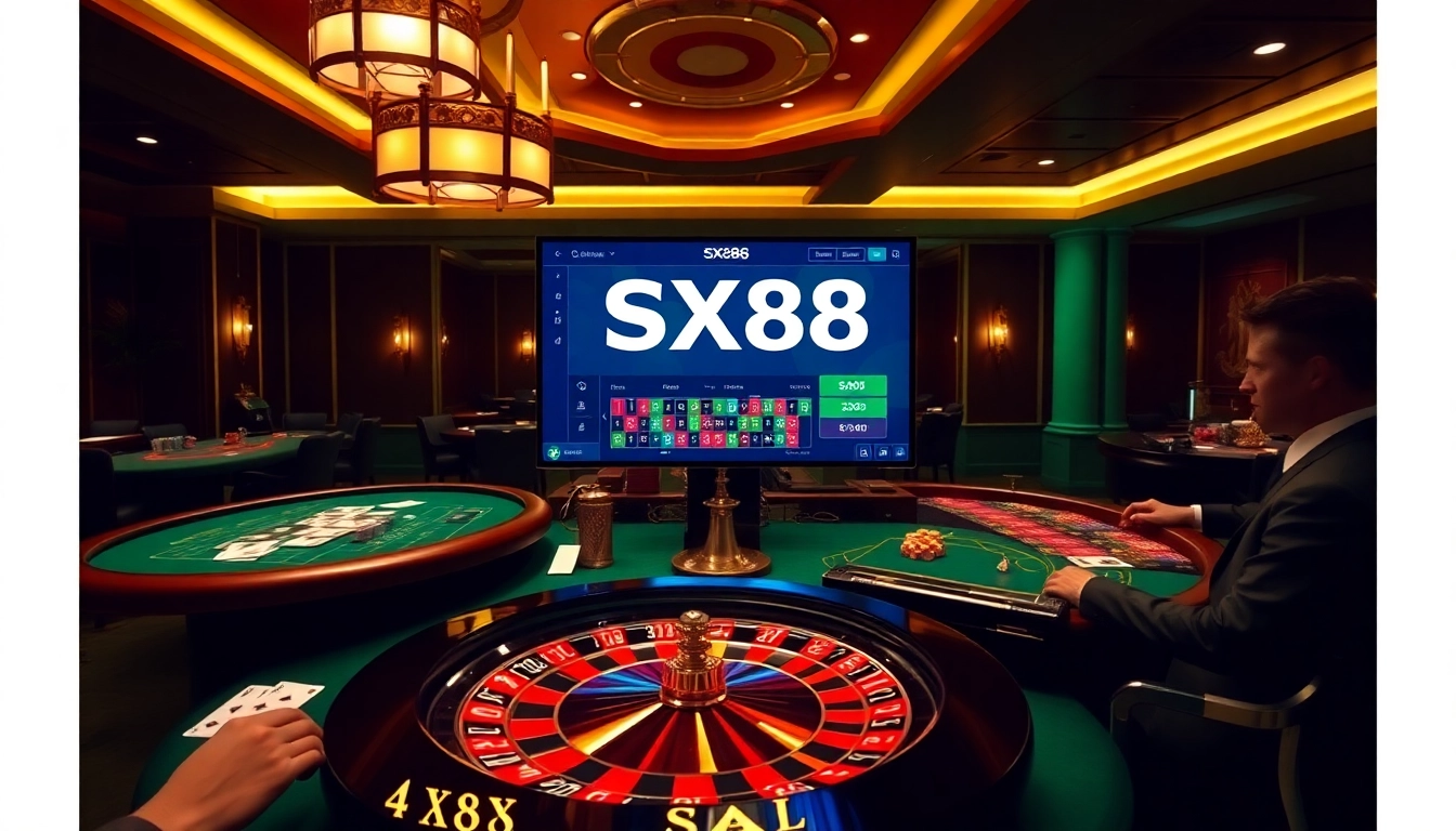 SX88 online gambling players strategizing at a vibrant casino table filled with exciting games.