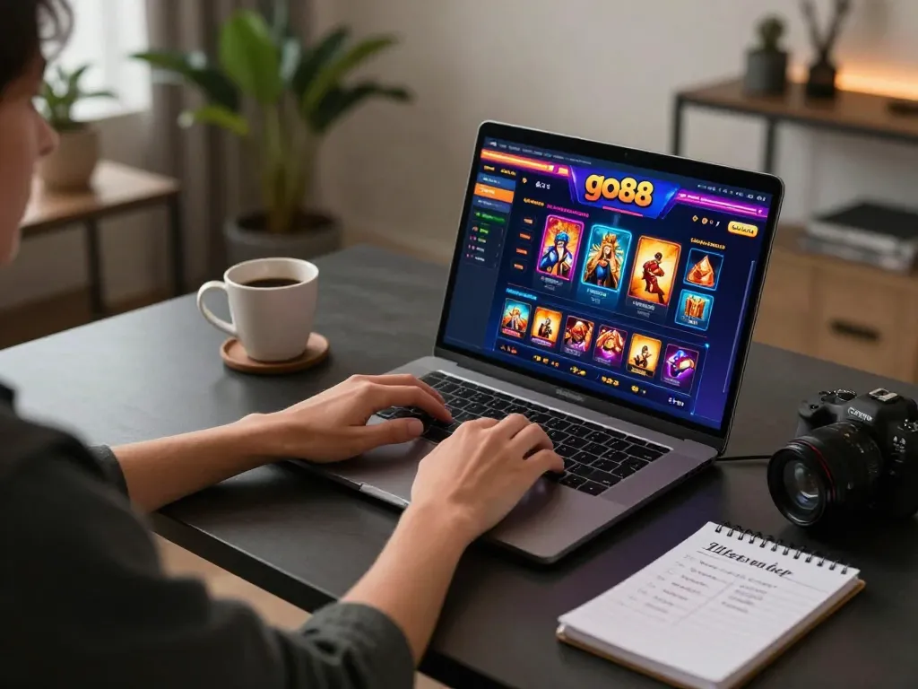Player exploring go88 casino app on laptop, enhancing online gambling experience with strategic notes.