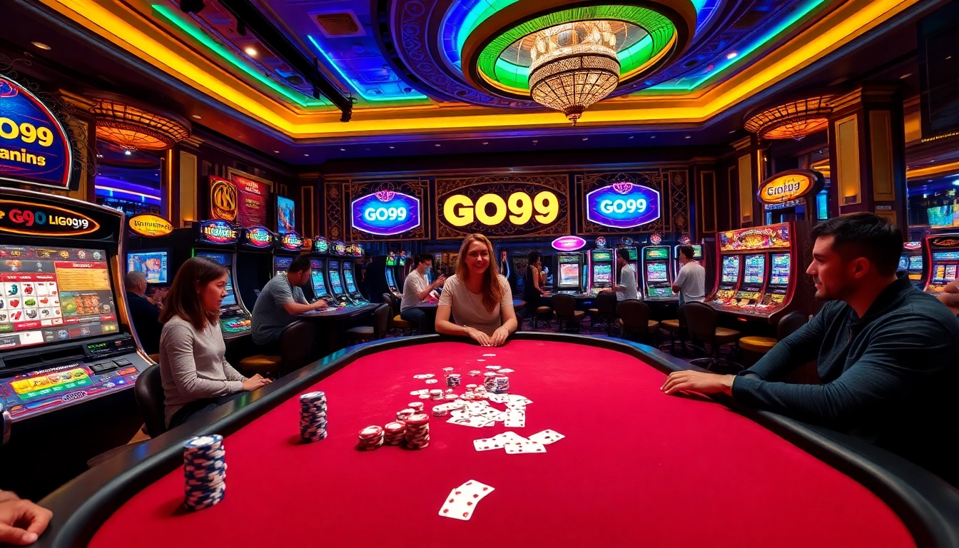 GO99 gaming excitement with players at slot machines and live dealer tables