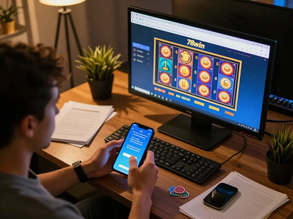 Engaged player exploring 78win's dynamic mobile gaming options with vibrant slots