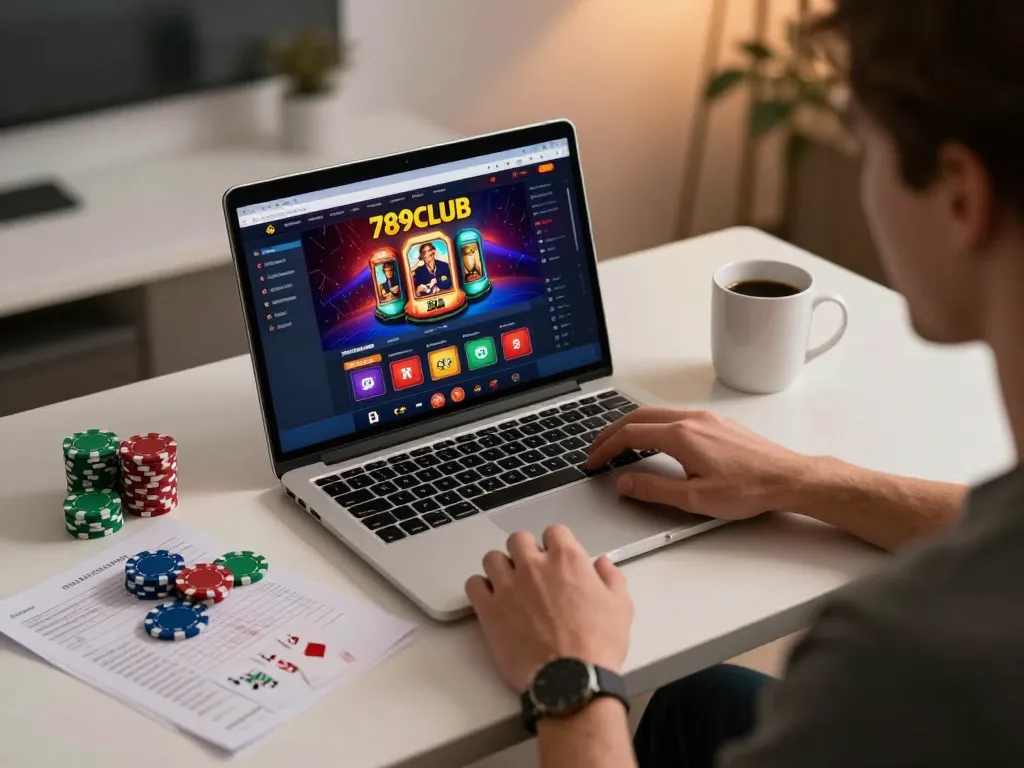 Playing casino games on 789CLUB, featuring a cozy online gaming experience with laptop and strategy notes.