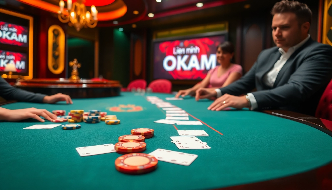 Engaging scene of Liên minh OKATM poker players enjoying a thrilling casino game experience.