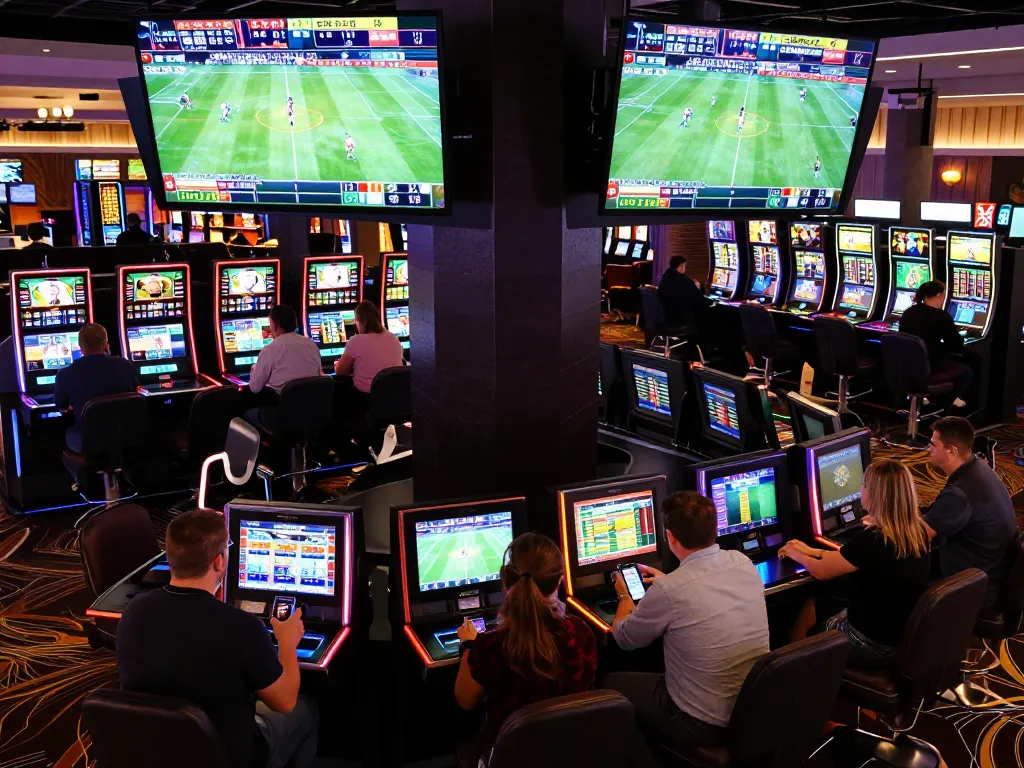 Betting excitement at ee88 sports area with patrons analyzing live odds and games