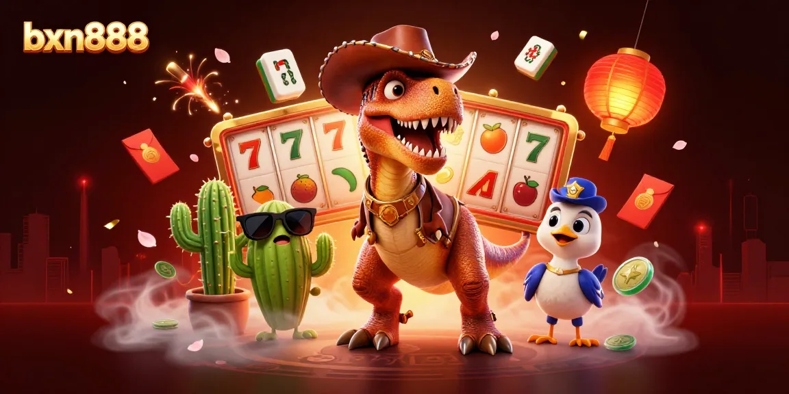 Challenge your luck with bxn888 in a vibrant casino scene featuring a T-Rex and slot machines.