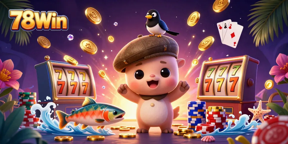 Cute baby Nessie and friends celebrate 78Win with shimmering coins and a slot machine.
