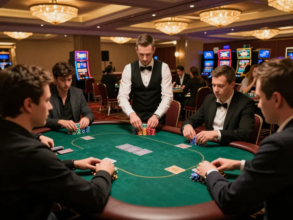 Engaged players at a poker table in hm 88 casino, showcasing high-stakes action and strategic gameplay.