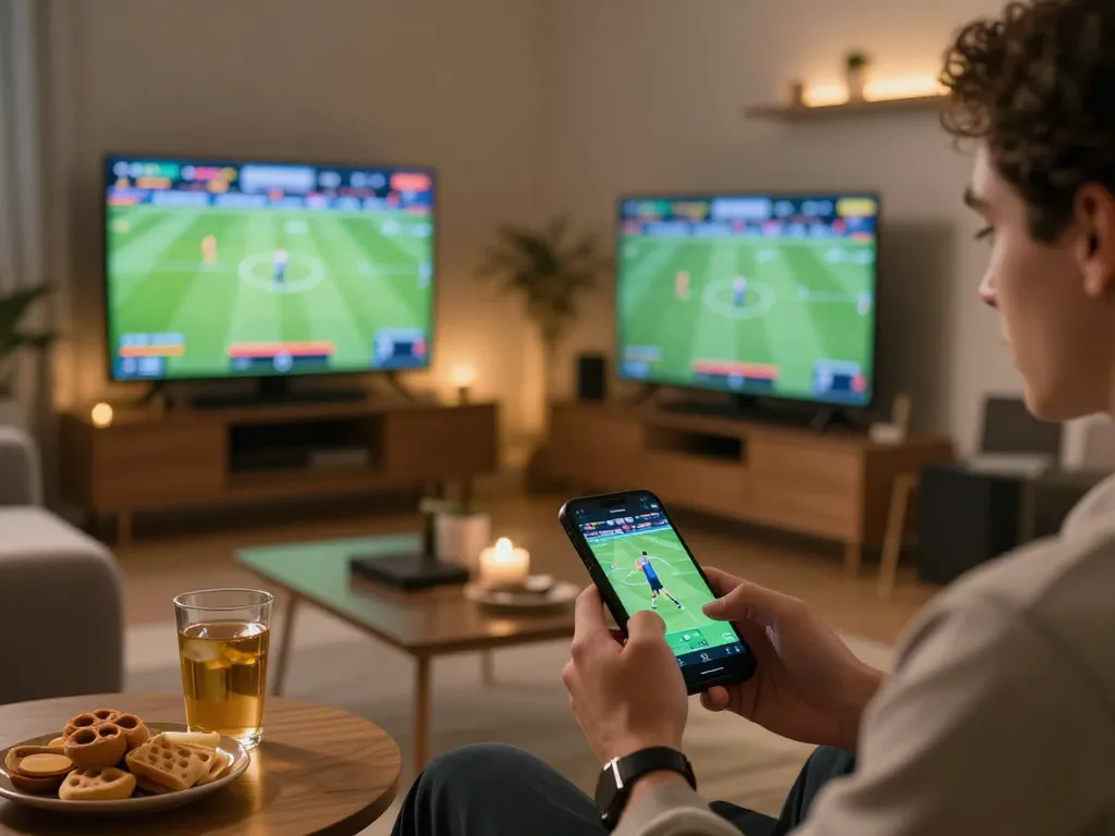 Person placing sports bets on Lucky88 app in a stylish home setting.