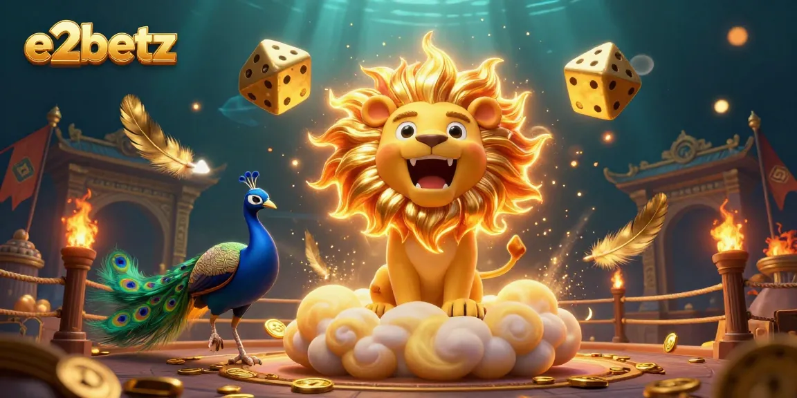 Engage with e2betz's vibrant casino experience featuring a roaring sun lion and golden dice.