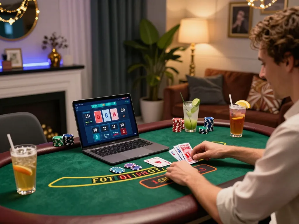 Player enjoying live dealer blackjack on xx88 at a cozy online gaming setup with festive decor