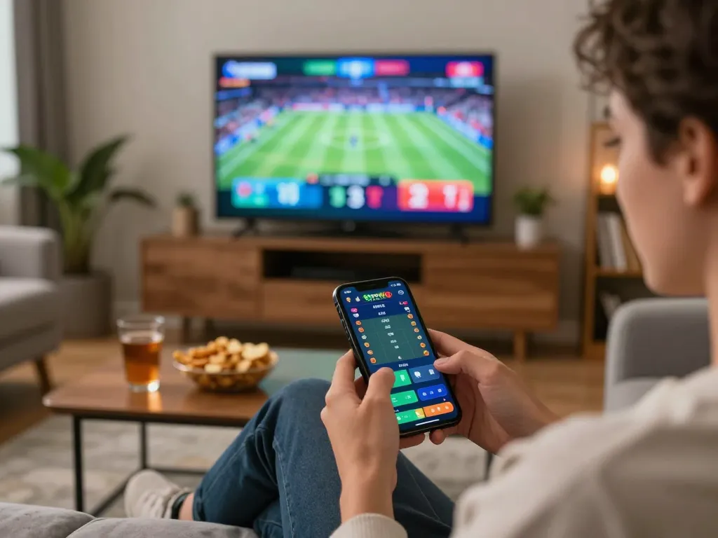 Engaging in 7m sports betting from home using smartphone with vibrant interface.