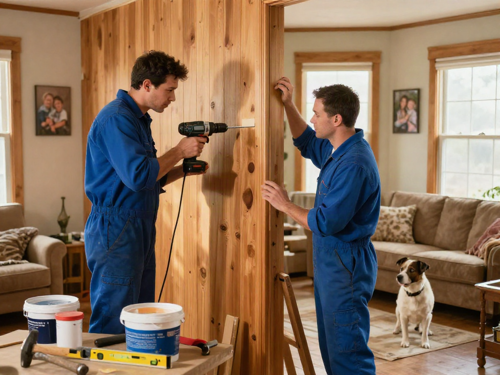 Home repair services Des Moines Iowa with a handyman repairing a living room wall.