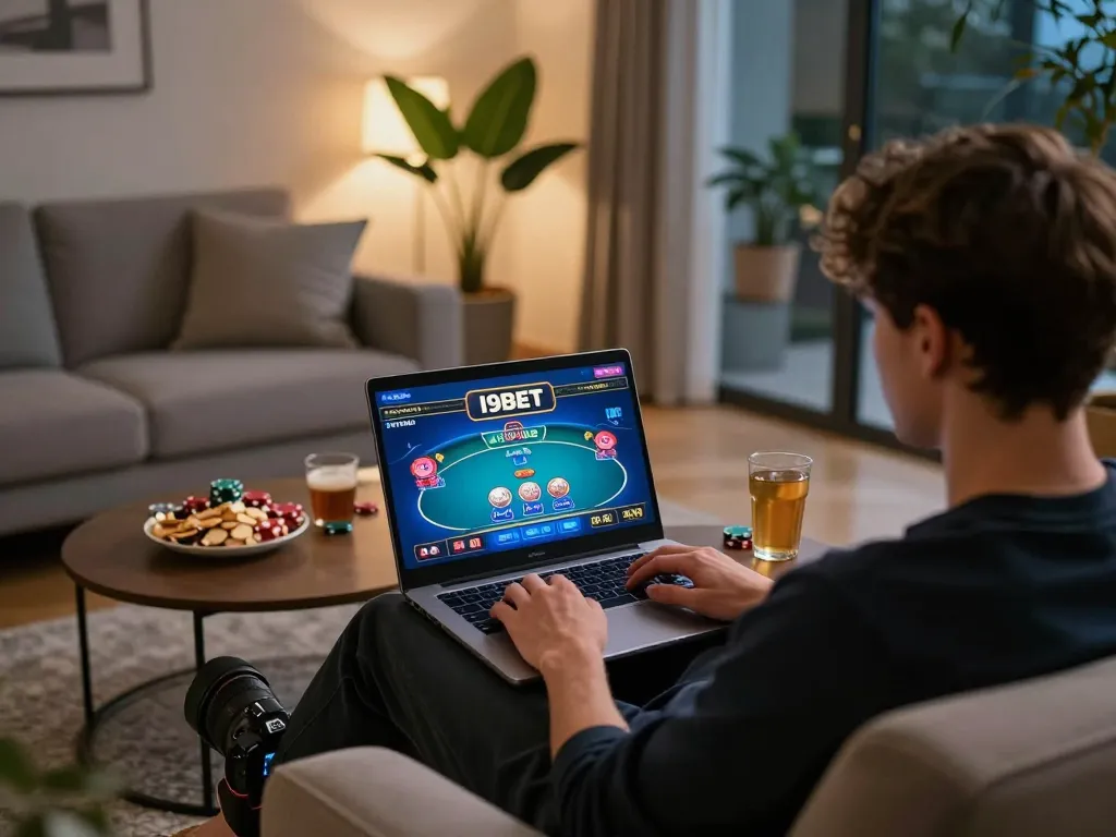 I9BET online poker game being played from a comfortable home, showcasing a relaxed gaming environment.