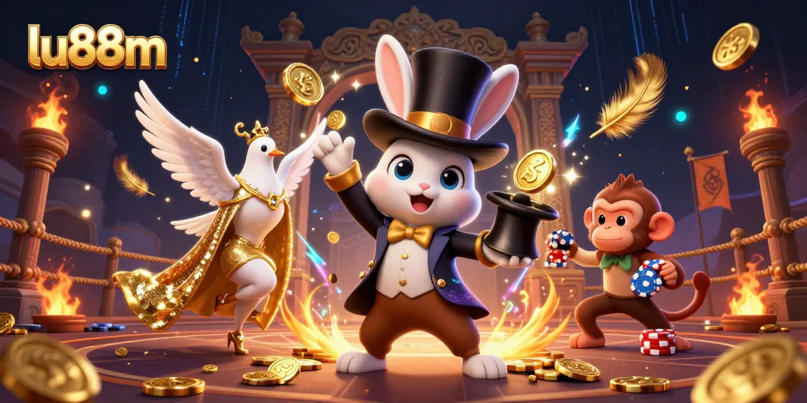 Experience thrilling moments with lu88m as the magician rabbit charms with golden coins and poker chips.