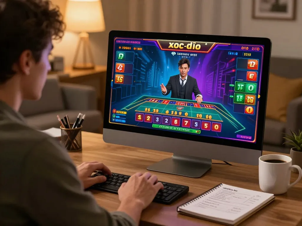 Xóc đĩa trực tuyến gameplay interface with a player placing strategic bets in a cozy home environment