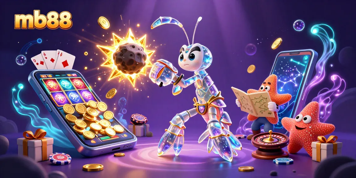 Experience thrilling adventures at mb88 with a vibrant 3D illustration showcasing casino excitement and games.