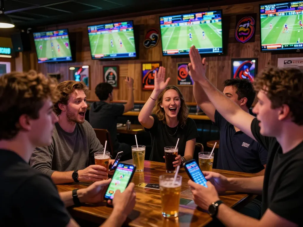 Patrons engaged in sports betting excitement at a lively sports bar, using mobile apps to make kèo nhà cái bets.