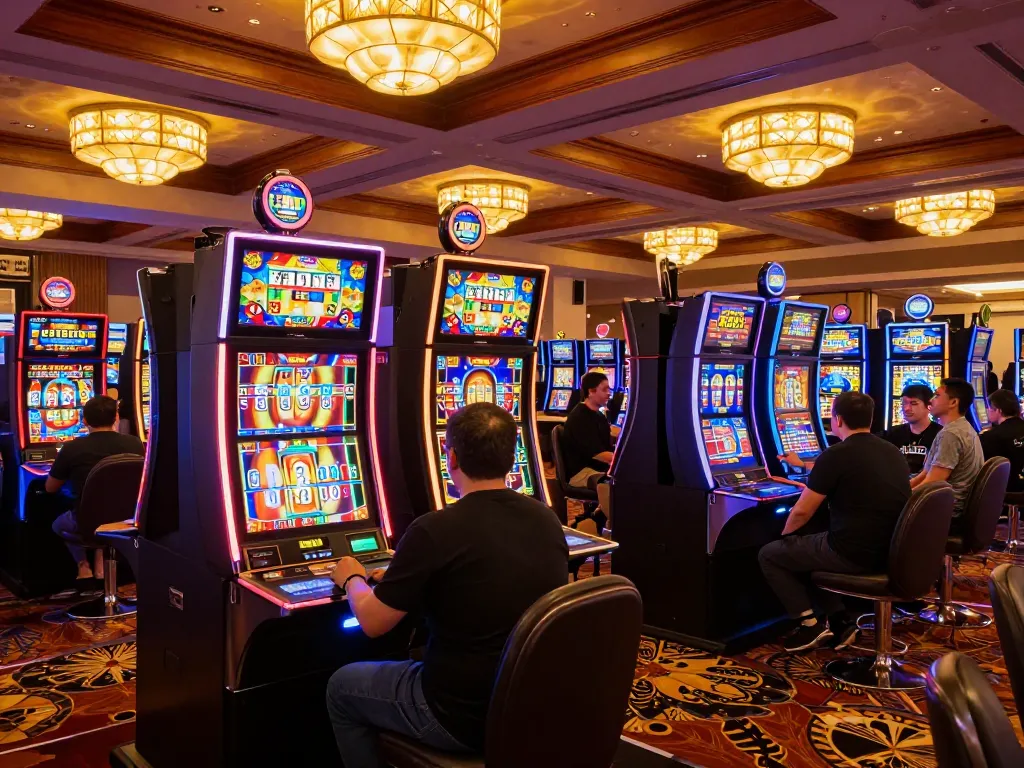 Experience thrilling slot action at https://f8bet.dental/ with excited players and vibrant machines lighting up the casino.