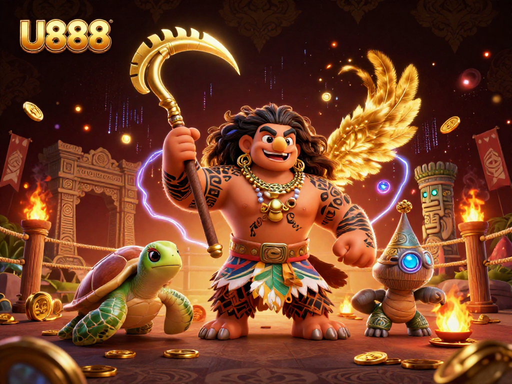 Experience thrilling gaming moments with U888's vibrant 3D scene featuring a demigod and immersive casino elements.