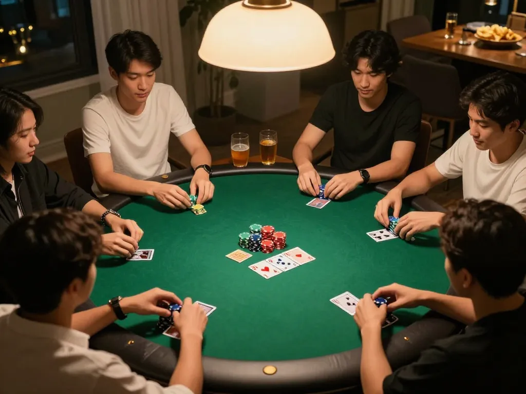 Players enjoying a social poker night with strategic gameplay at home, showcasing DW8 gaming atmosphere.
