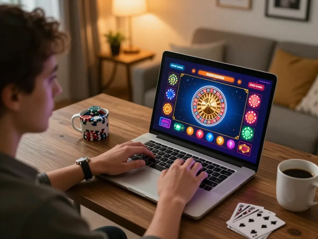 Player engaging in strategic betting on tic88's online roulette platform in a cozy home office