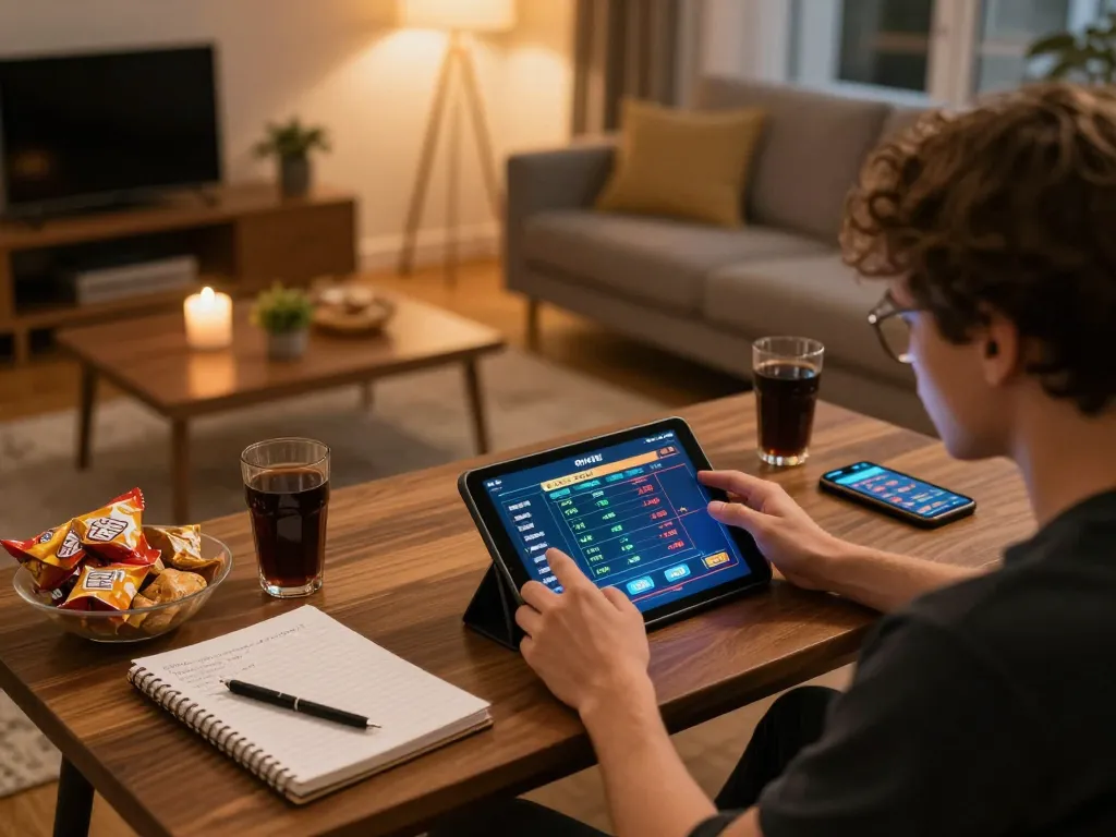Trải nghiệm chơi game trực tuyến 12bet hấp dẫn tại nhà ấm cúng với đồ ăn nhẹ và ghi chú cược.