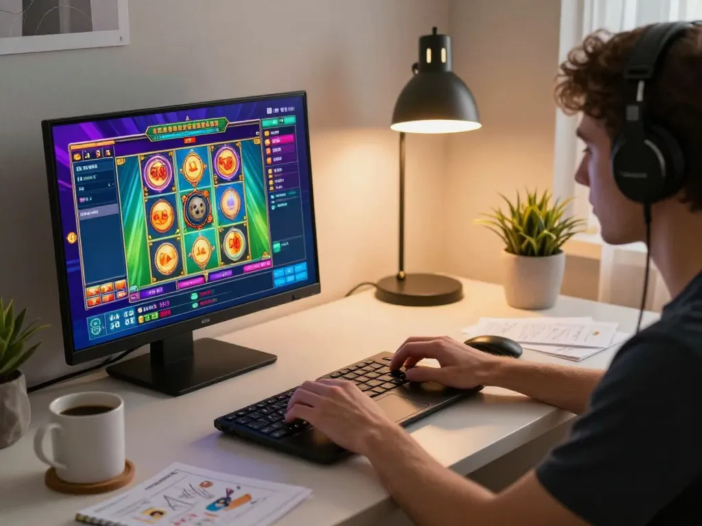 Player enjoying 678vip online slot game from a modern desk setting, highlighting vibrant gaming atmosphere