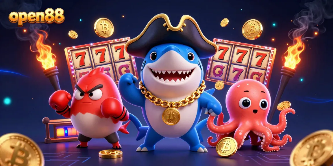 Engage with open88's lively casino scene featuring a fun pirate shark, a boxing pufferfish, and a coin-holding octopus.