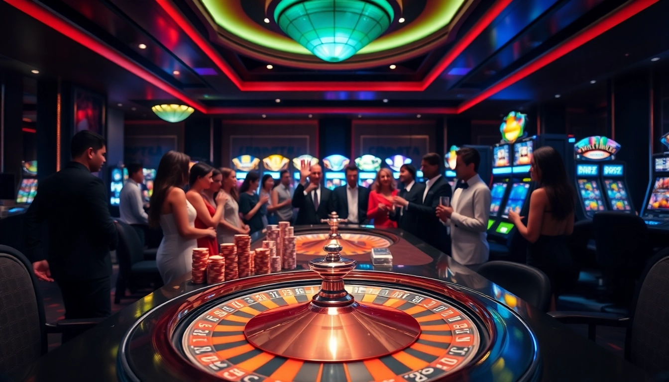 RR88 gamblers enjoying a thrilling game at a luxury casino table with vibrant slot machines.