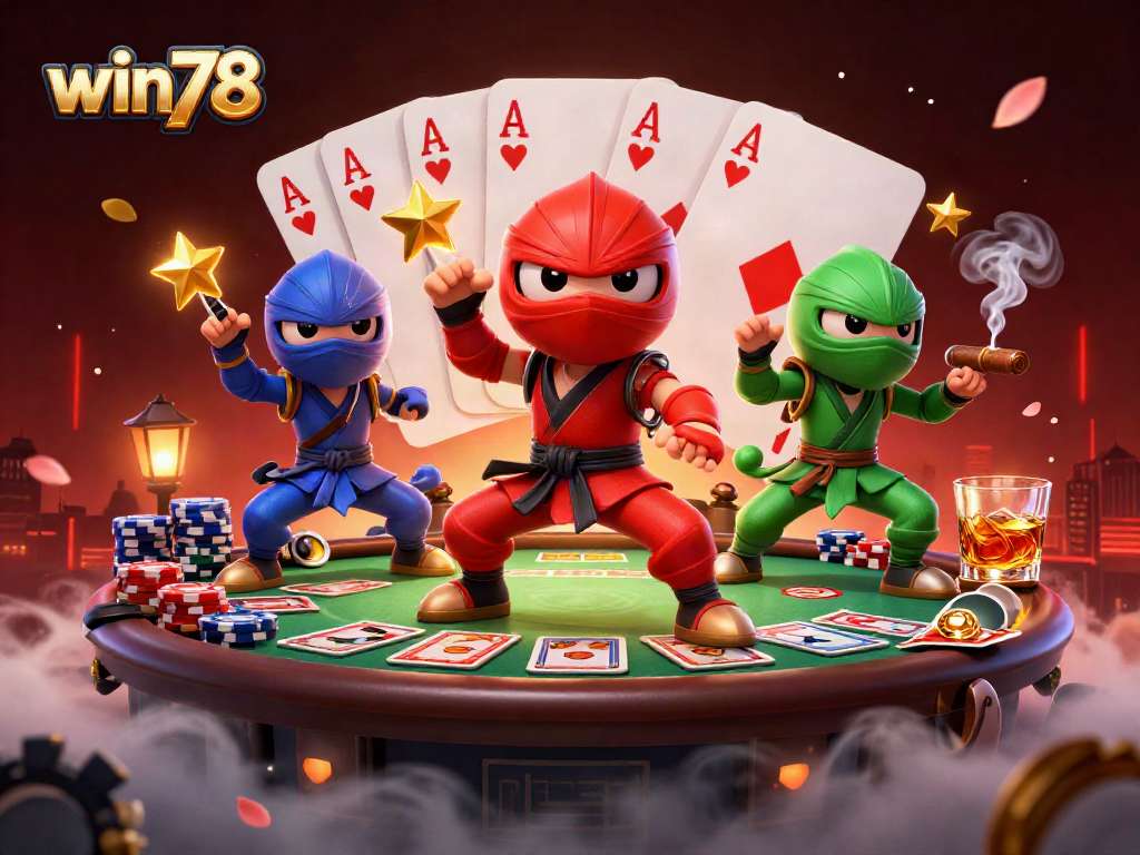 Win78 showcases a vibrant chameleon ninja team engaging in poker action on a vibrant rooftop setting.