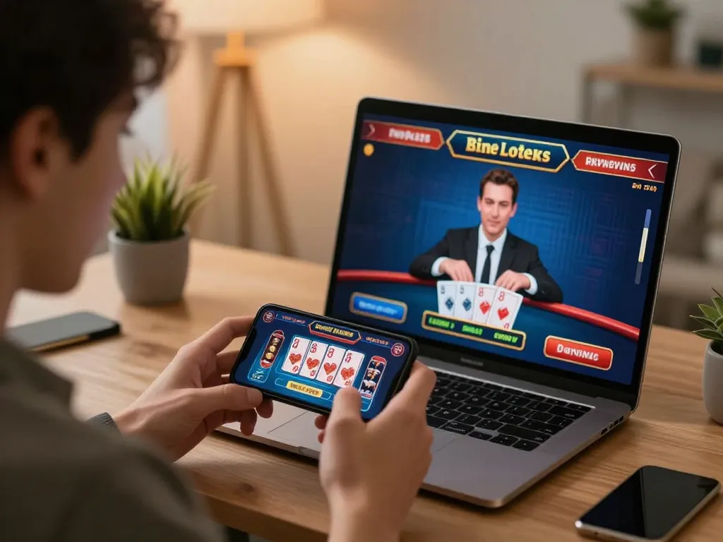 Player engaging in live casino gameplay on a smartphone, representing luck8's online gambling platform.