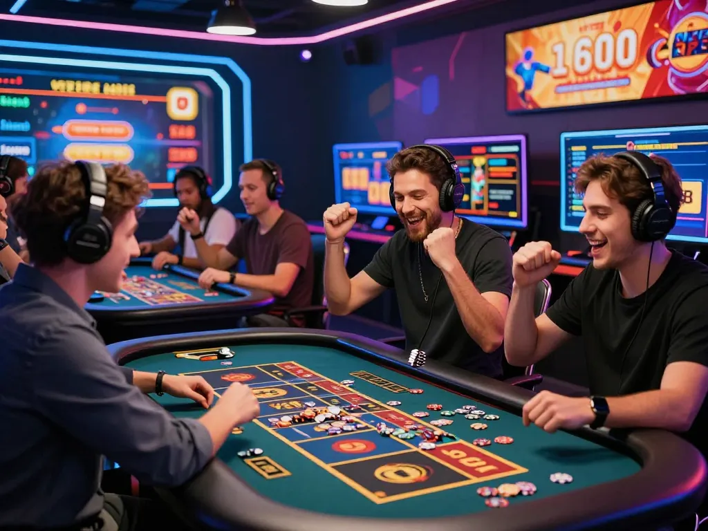 Exciting online gambling scene at https://hapify.io/ with players enjoying vibrant casino games and a celebratory atmosphere.